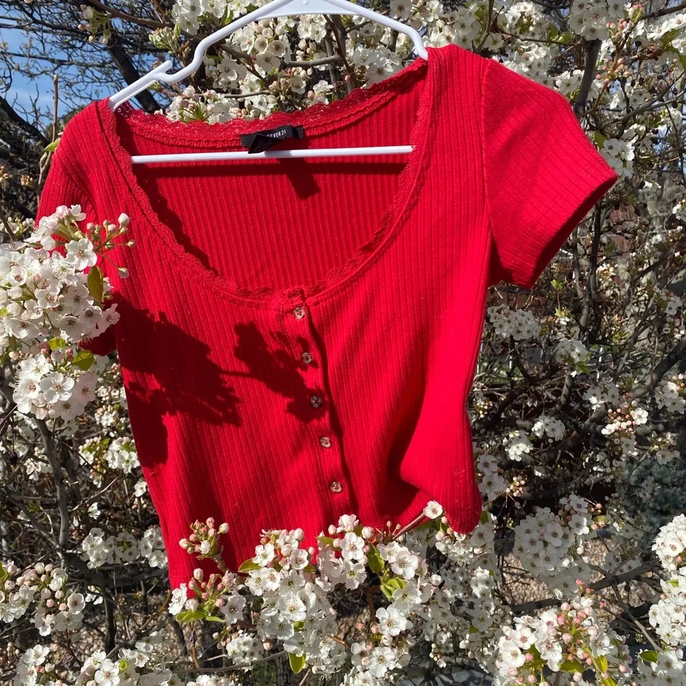 Red Ribbed Button-Up Blouse - Picture 2 of 7